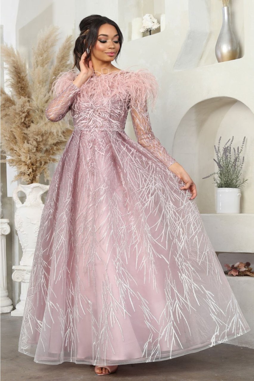 Royal Queen RQ8044 A-Line Rhinestone Leafy Pattern MOB Gown - MAUVE / 6 - Dress