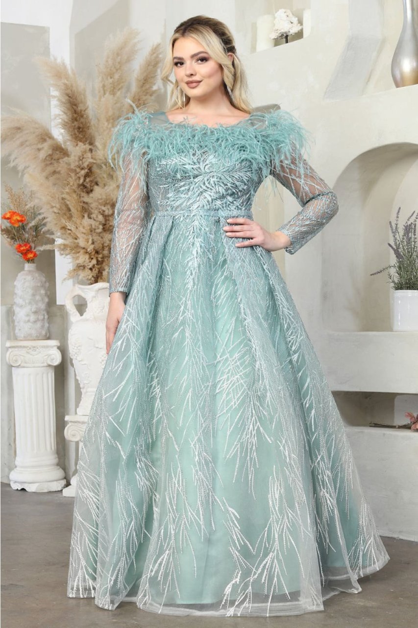 Royal Queen RQ8044 A-Line Rhinestone Leafy Pattern MOB Gown - SAGE / 6 - Dress