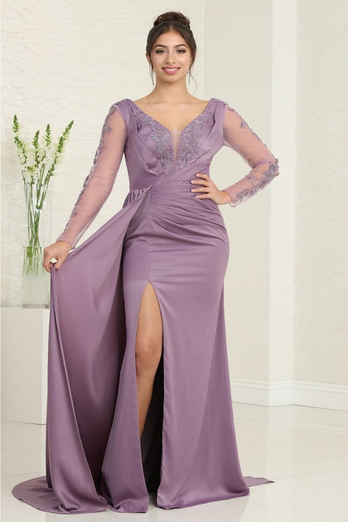 Royal Queen RQ8045 Plunging V-Neck High Slit Satin Long MOB Gown - VICTORIAN LILAC / 6 - Dress