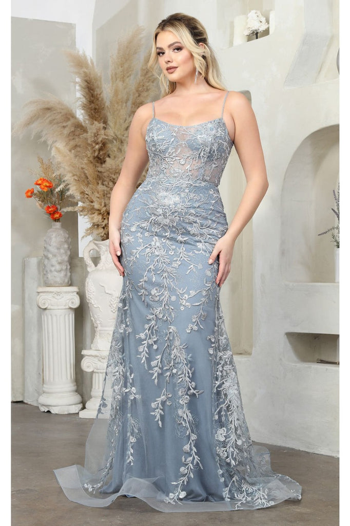 Royal Queen RQ8046 Sheer Corset Top Embroidered Prom Evening Gown - DUSTY BLUE / 4 - Dress