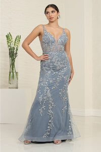 Royal Queen RQ8047 Floral Embroidery Sheath Prom Evening Dress - DUSTY BLUE / 4 - Dress