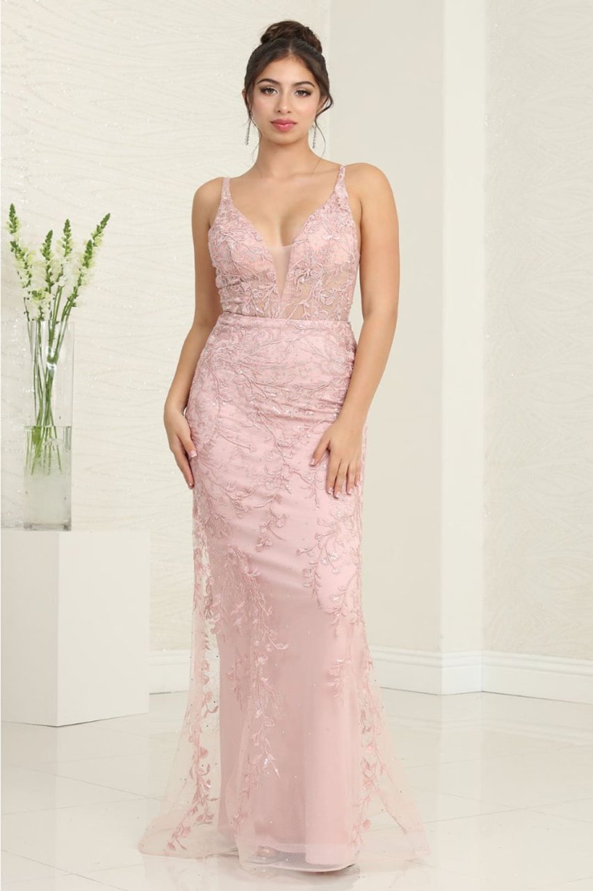 Royal Queen RQ8047 Floral Embroidery Sheath Prom Evening Dress - DUSTY ROSE / 4 - Dress