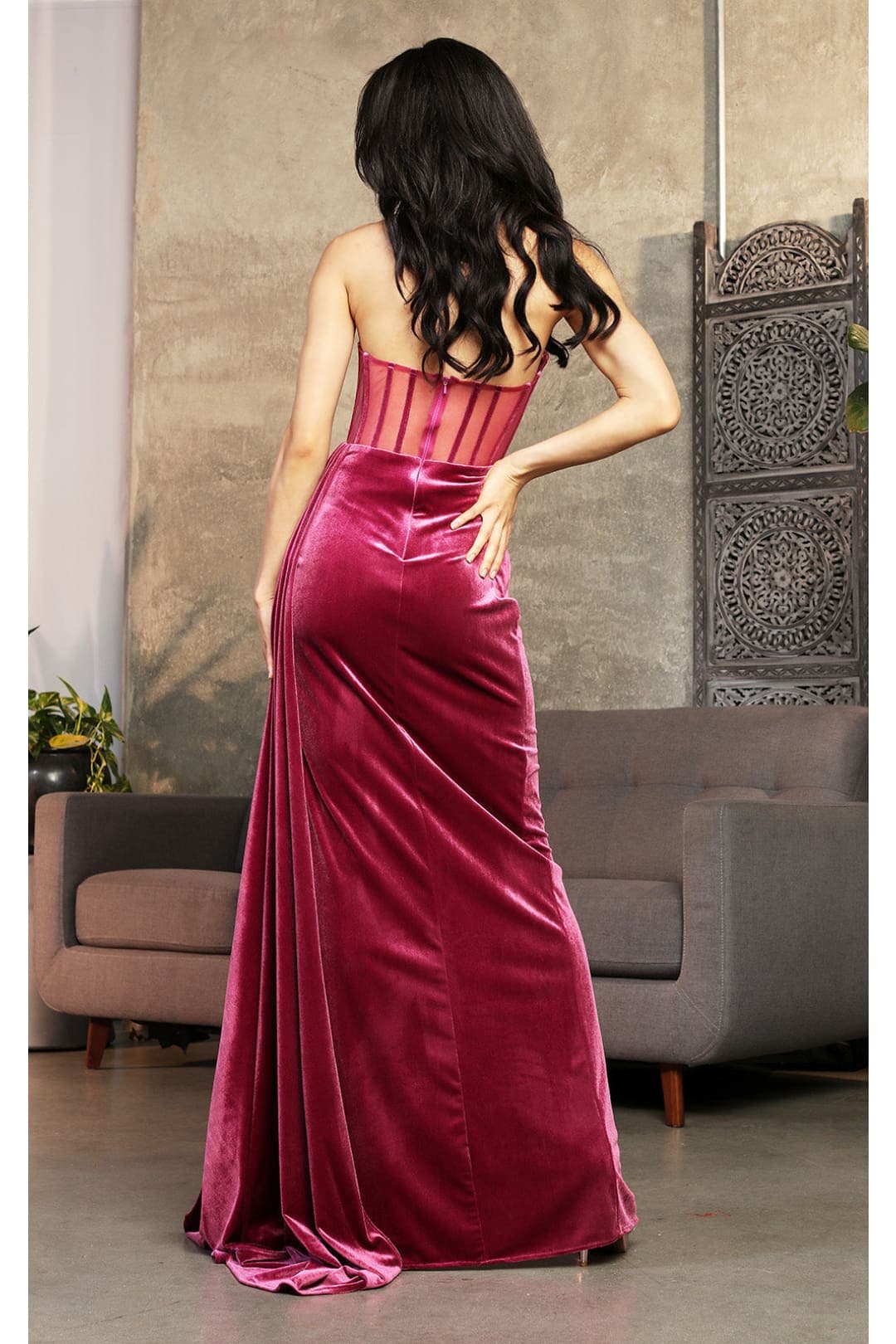 Royal Queen RQ8049 Strapless Velvet Sheer Bodice Prom Long Gown - Dress