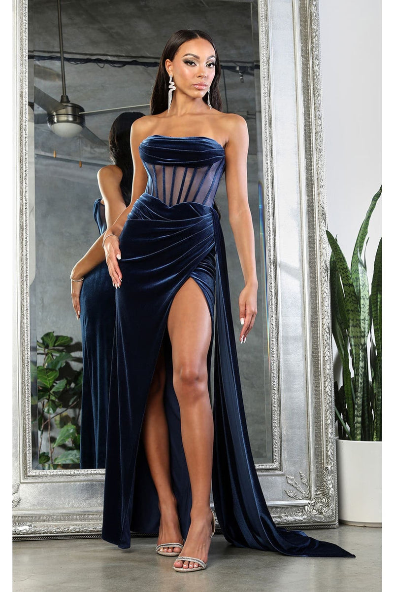 Royal Queen RQ8049 Strapless Velvet Sheer Bodice Prom Long Gown - MIDNIGHT BLUE / 2 - Dress