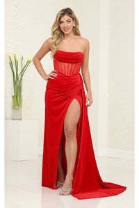 Royal Queen RQ8049 Strapless Velvet Sheer Bodice Prom Long Gown - RED / 2 - Dress