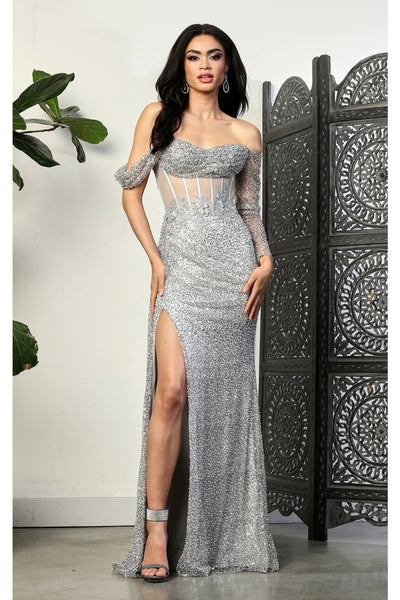 Royal Queen RQ8050 One Sleeve Corset Bone Special Occasion Gown - SILVER / 4 - Dress