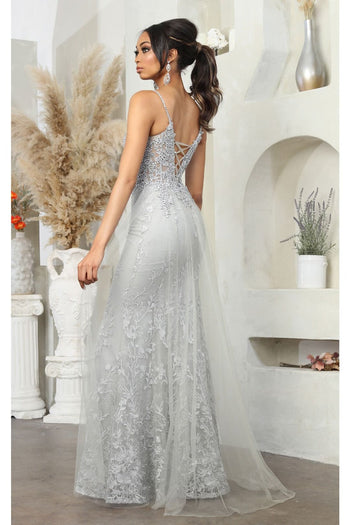 Royal Queen RQ8051 Illusion Plunging V-neck Floral Long Prom Dress - Dress