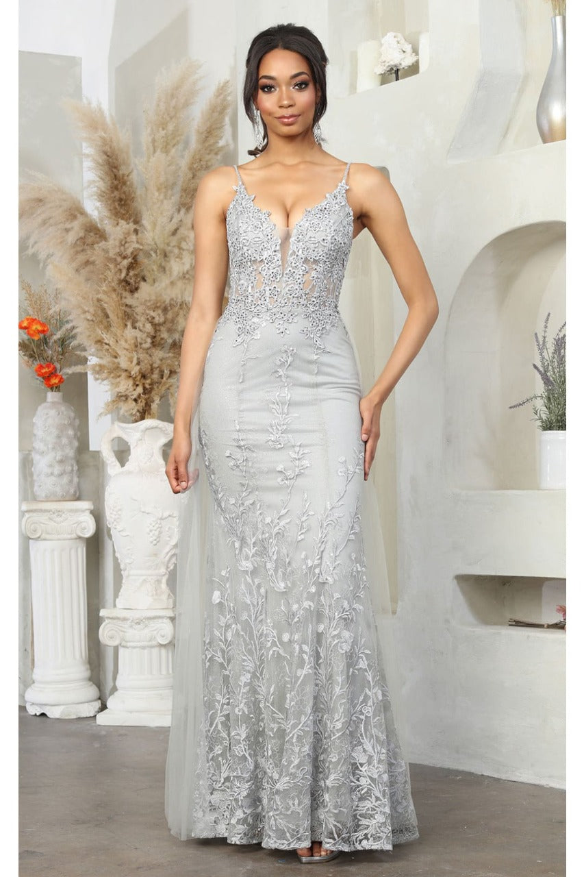 Royal Queen RQ8051 Illusion Plunging V-neck Floral Long Prom Dress - SILVER / 4 - Dress
