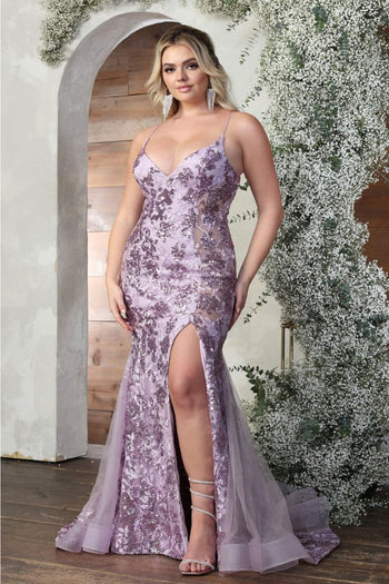 Royal Queen RQ8056 High Slit Sequin Floral Mermaid Prom Evening Dress - LILAC / 4 - Dress
