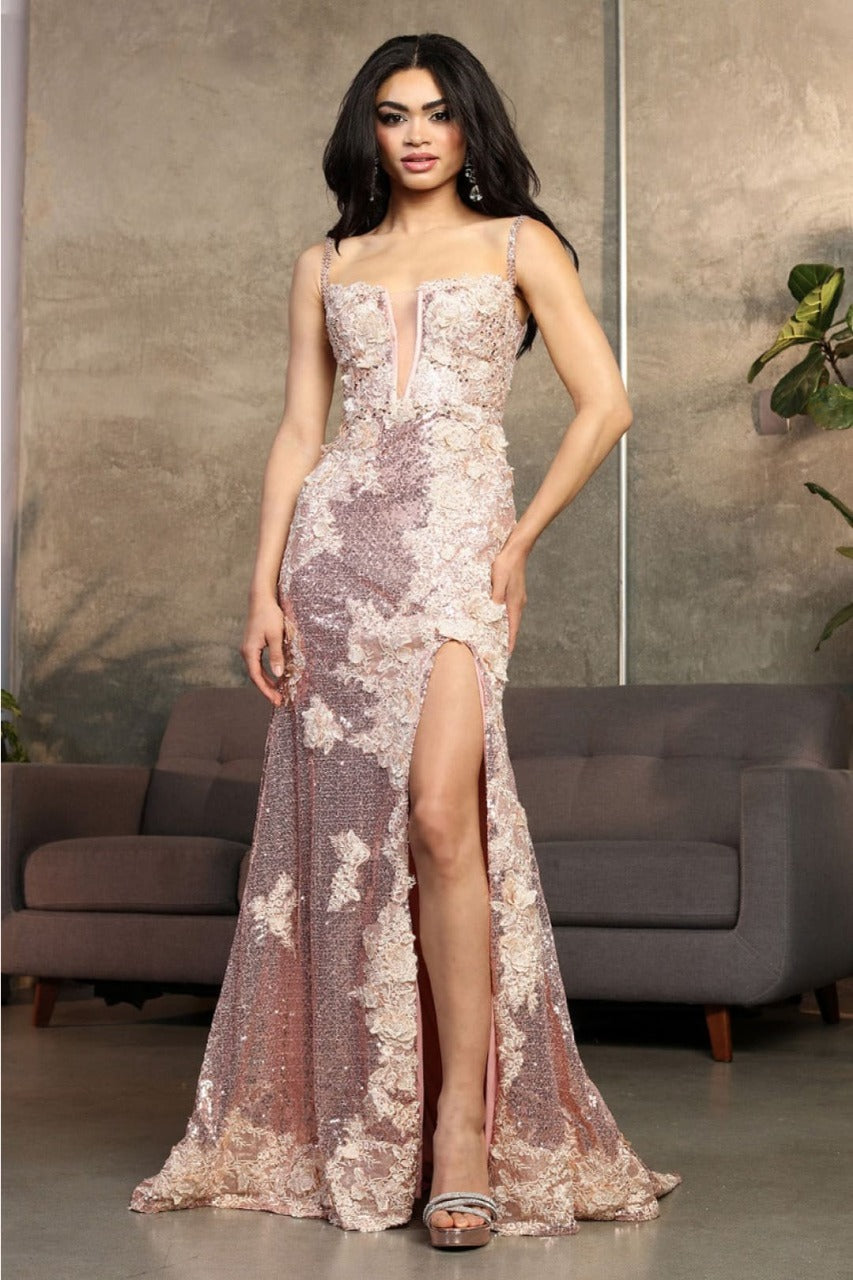 Royal Queen RQ8058 Sleeveless Corset 3D Floral Evening Gown - ROSE GOLD / 4 - Dress