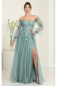 Royal Queen RQ8060 Strapless Puffy Detachable Sleeves A-line Sage Gown - SAGE / 4 - Dress