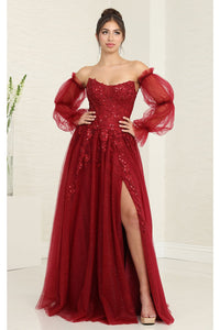 Royal Queen RQ8060 Strapless Puffy Detachable Sleeves A-line Sage Gown - BURGUNDY / 4 - Dress