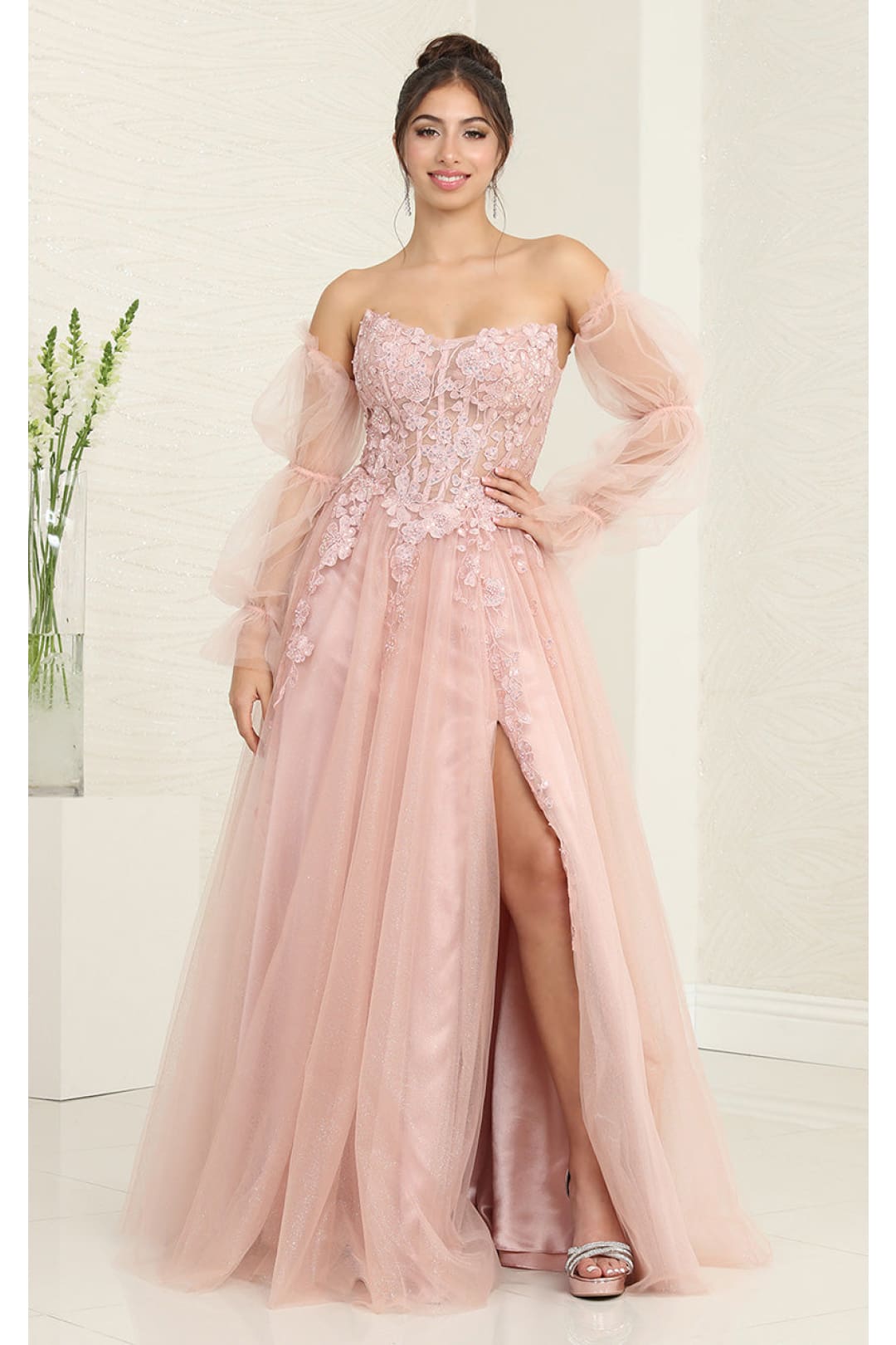 Royal Queen RQ8060 Strapless Puffy Detachable Sleeves A-line Sage Gown - ROSE GOLD / 4 - Dress