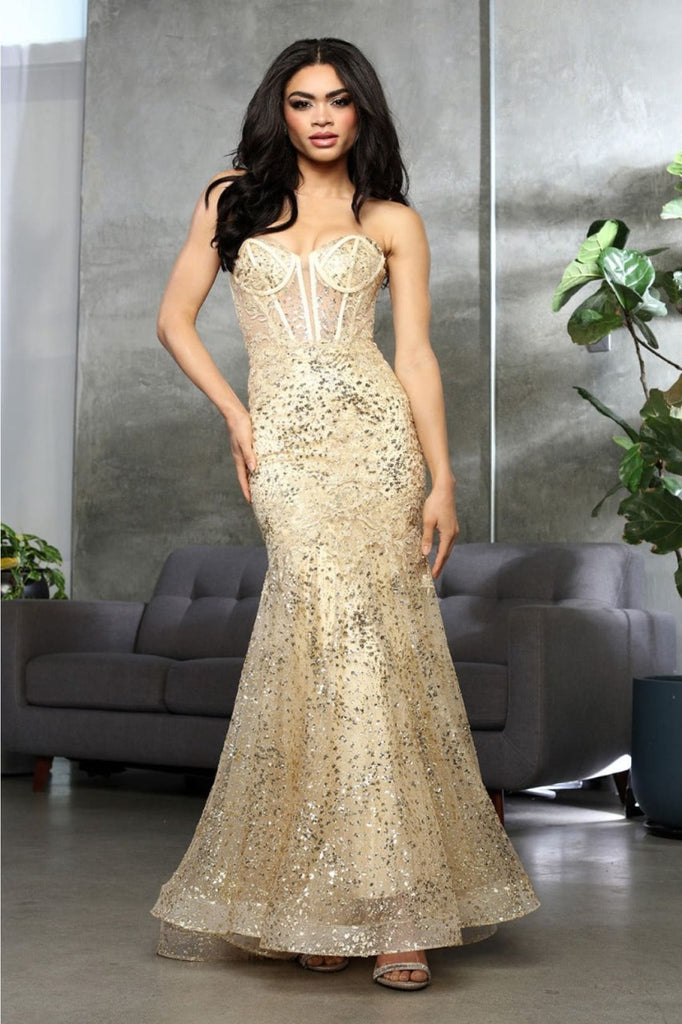 Royal Queen RQ8061 Sweetheart Corset Long Glitter Prom Gown - CHAMPAGNE / 4 - Dress