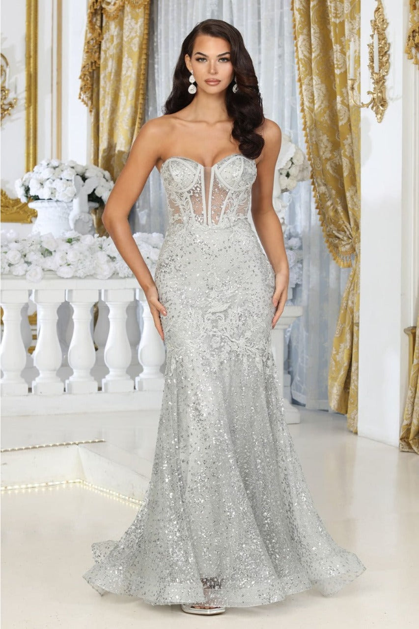 Royal Queen RQ8061 Sweetheart Corset Long Glitter Prom Gown - SILVER / 10 Royal Queen RQ8061 Sweetheart Corset Long Glitter Prom Gown - SILVER / 10