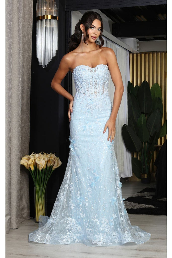 Royal Queen RQ8063 Strapless Mermaid Floral Formal Evening Gown - BABY BLUE / 4 - Dress