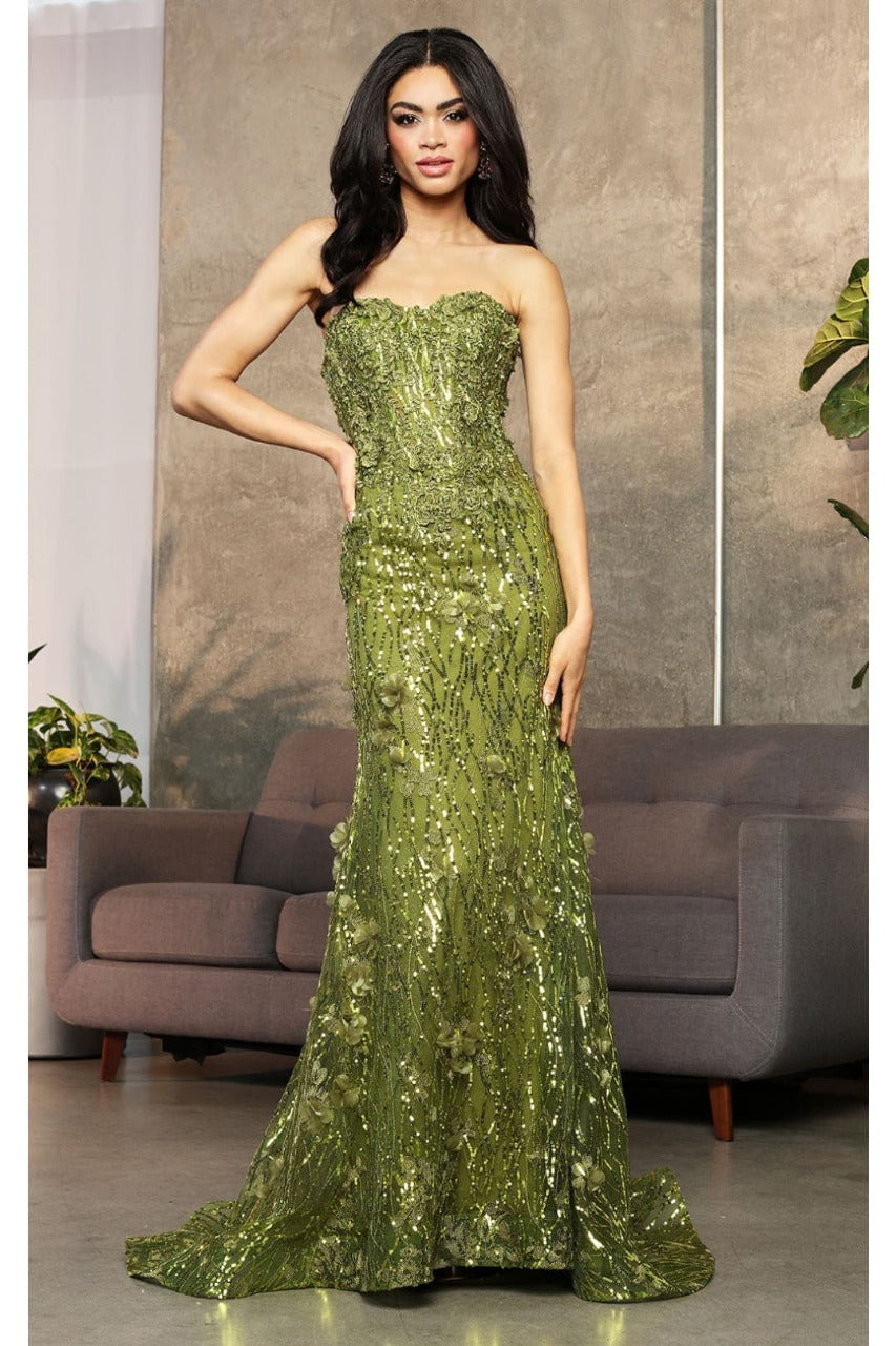 Royal Queen RQ8063 Strapless Mermaid Floral Formal Evening Gown - OLIVE / 4 - Dress