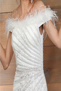 Royal Queen RQ8064B Ivory Feather Detailed Long Wedding Gown - Dress