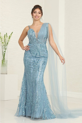 Royal Queen RQ8066 Plunging V-Neck Beaded Evening Sequin Dress