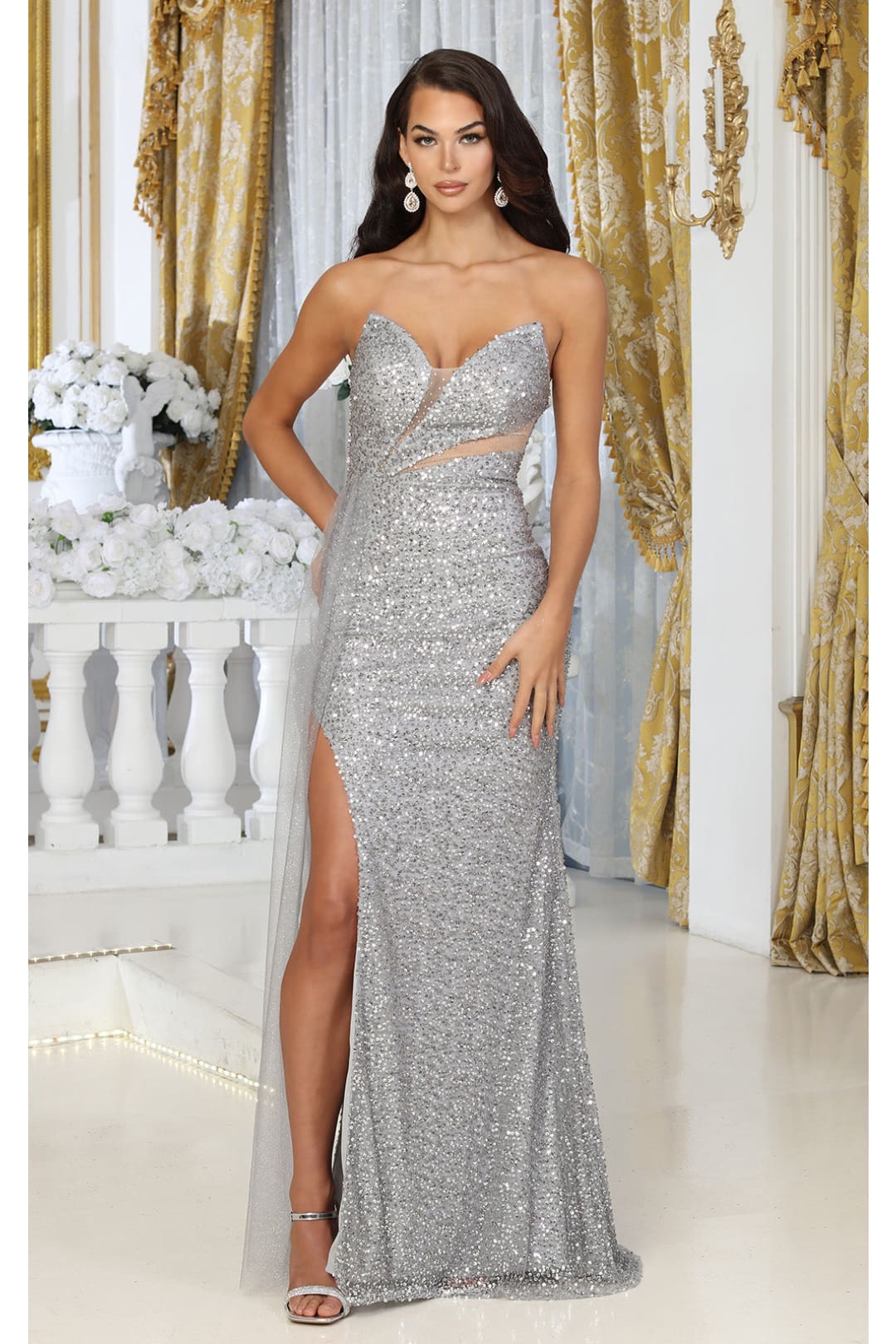Royal Queen RQ8068 Strapless Sequin Fitted Evening Gown - SILVER / 4 - Dress