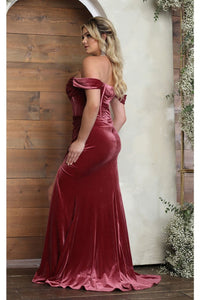 Royal Queen RQ8069 Off Shoulder Velvet Slit Prom Sexy Long Dress - Dress