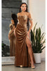 Royal Queen RQ8069 Off Shoulder Velvet Slit Prom Sexy Long Dress - CAPPUCCINO / 2 - Dress