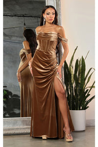 Royal Queen RQ8069 Off Shoulder Velvet Slit Prom Sexy Long Dress - CAPPUCCINO / 2 - Dress