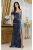 Royal Queen RQ8069 Off Shoulder Velvet Slit Prom Sexy Long Dress - DUSTY BLUE / 2 - Dress