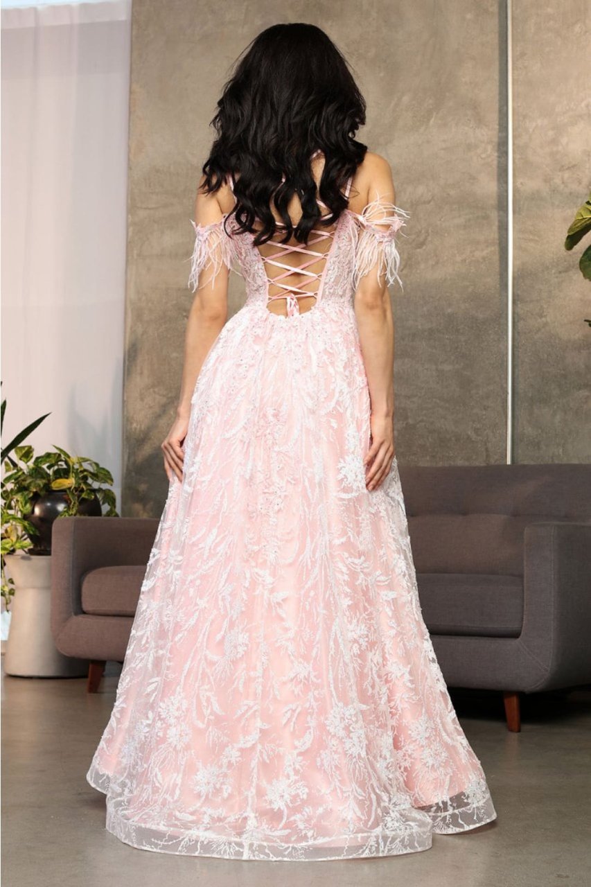 Royal Queen RQ8070 V-Neck Embroidered Mesh Red Carpet Gown - Dress