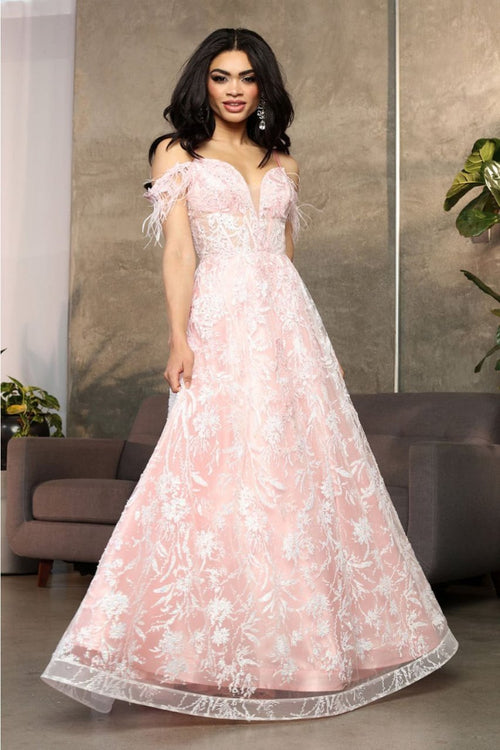 Royal Queen RQ8070 V-Neck Embroidered Mesh Red Carpet Gown - BLUSH / 4 - Dress