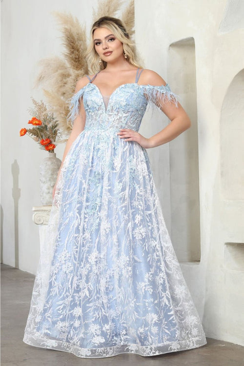 Royal Queen RQ8070 V-Neck Embroidered Mesh Red Carpet Gown - DUSTY BLUE / 4 - Dress