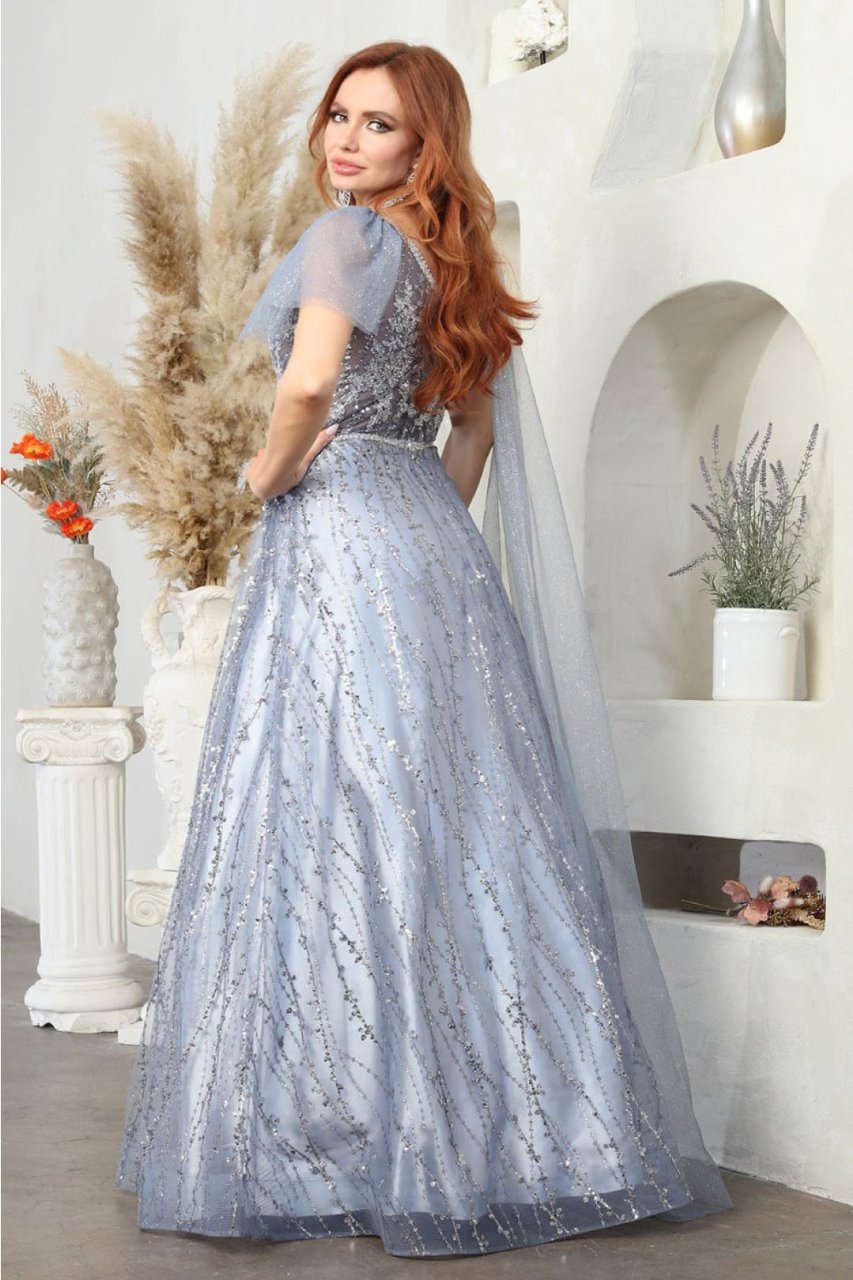 Royal Queen RQ8071 A-Line Pleated Dusty Blue Embellished MOB Gown - Dress