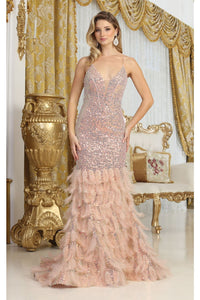 Royal Queen RQ8076 V-neck Sequins Feathers Special Occasion Gown - Dress