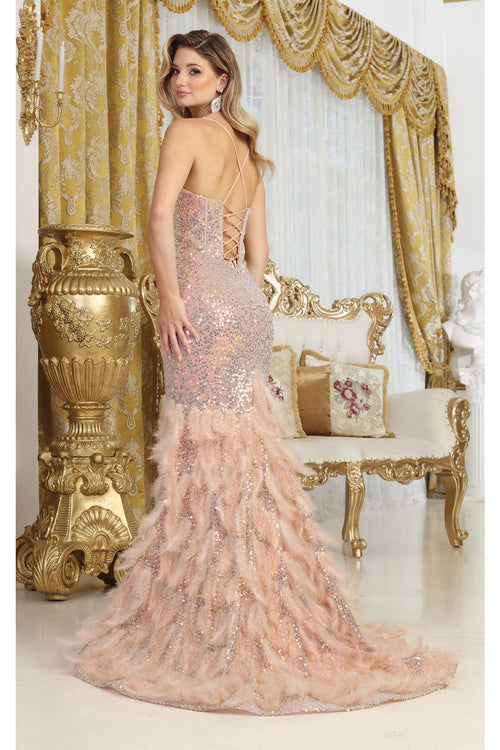 Royal Queen RQ8076 V-neck Sequins Feathers Special Occasion Gown - Dress