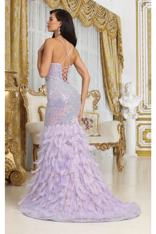 Royal Queen RQ8076 V-neck Sequins Feathers Special Occasion Gown - Dress