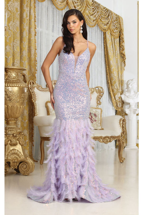 Royal Queen RQ8076 V-neck Sequins Feathers Special Occasion Gown - Dress