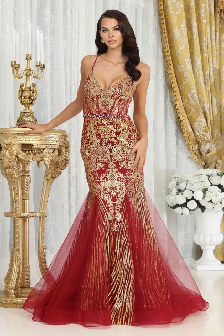 Royal Queen RQ8079 Deep V-Neck Beaded Sequin Prom Formal Gown - BURGUNDY/GOLD / 4 - Dress