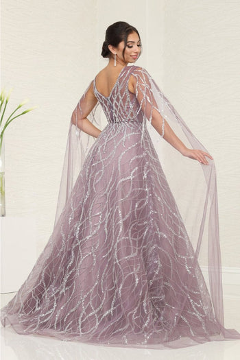 Royal Queen RQ8082 Plunging V-Neck Beaded Mauve Pageant Gown - Dress