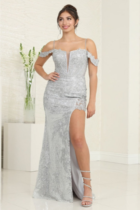 Royal Queen RQ8084 Silver Evening Dress Sequin High Slit Prom Gown