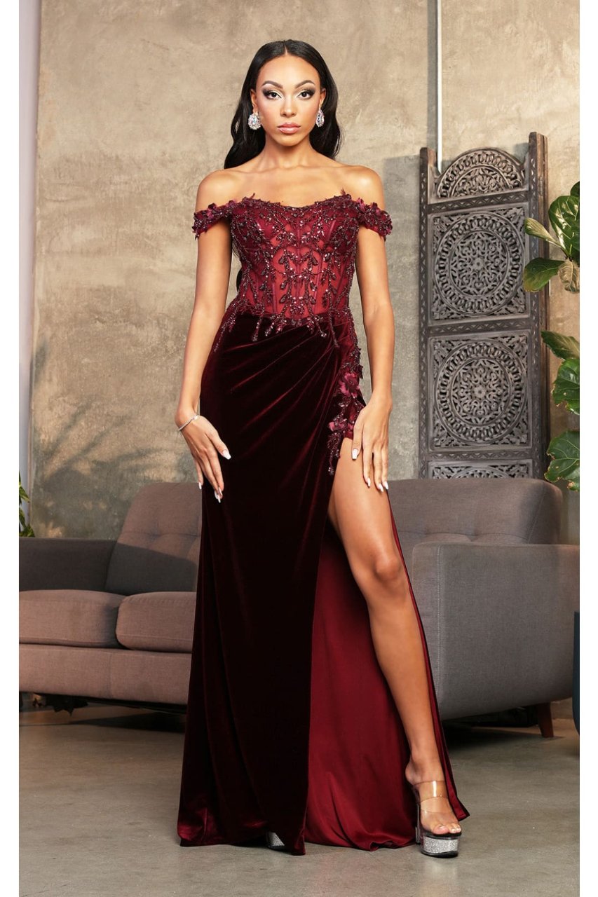 Royal Queen RQ8085 Semi Sweetheart High Slit Velvet Pageant Gown - Dress