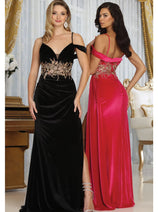 Royal Queen RQ8087 V-neck Spaghetti Straps Slit Velvet Prom Dress