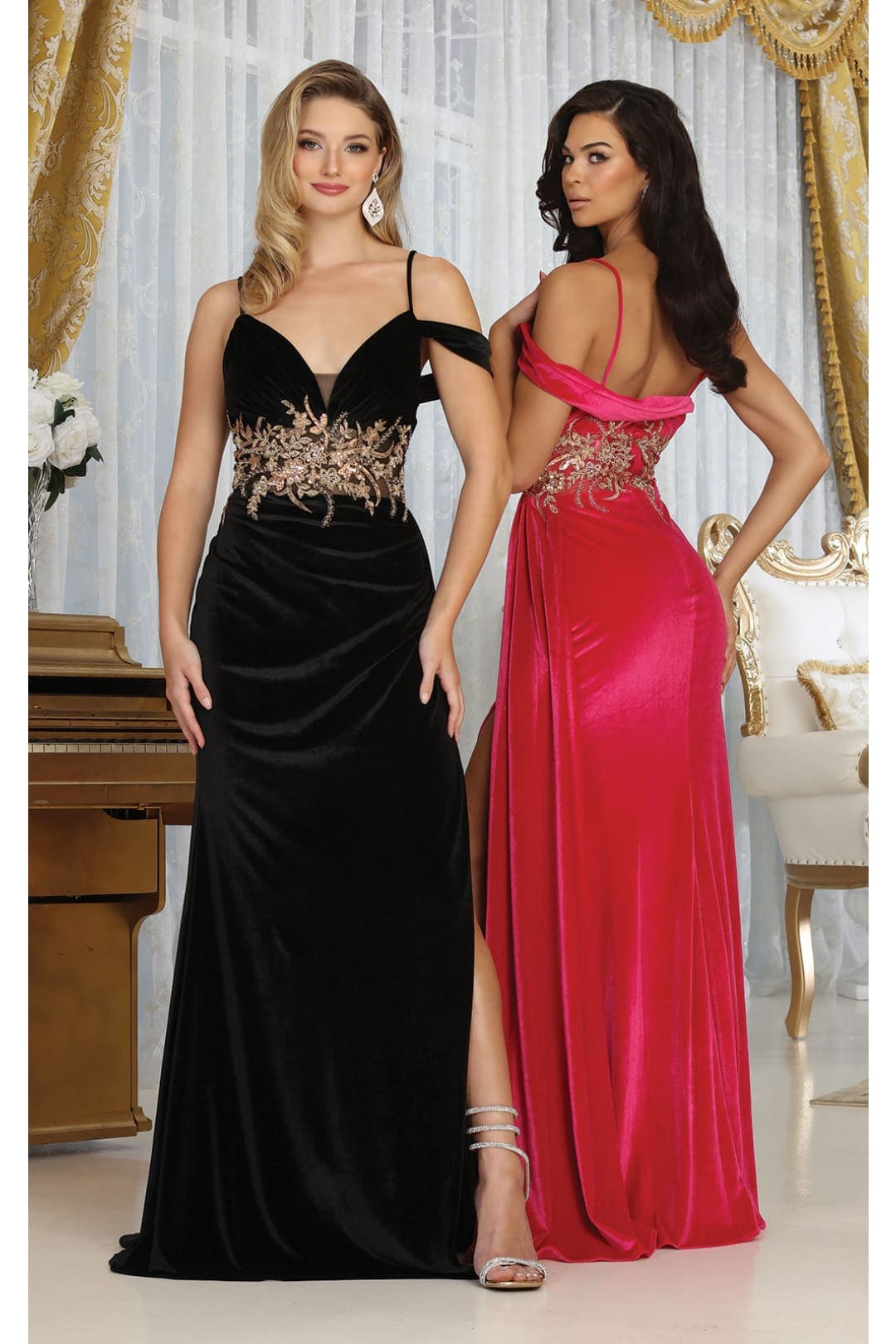 Royal Queen RQ8087 V-neck Spaghetti Straps Slit Velvet Prom Dress - Dress