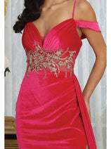 Royal Queen RQ8087 V-neck Spaghetti Straps Slit Velvet Prom Dress