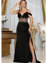 Royal Queen RQ8087 V-neck Spaghetti Straps Slit Velvet Prom Dress
