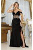 Royal Queen RQ8087 V-neck Spaghetti Straps Slit Velvet Prom Dress - BLACK / 4 - Dress