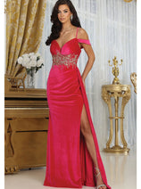 Royal Queen RQ8087 V-neck Spaghetti Straps Slit Velvet Prom Dress