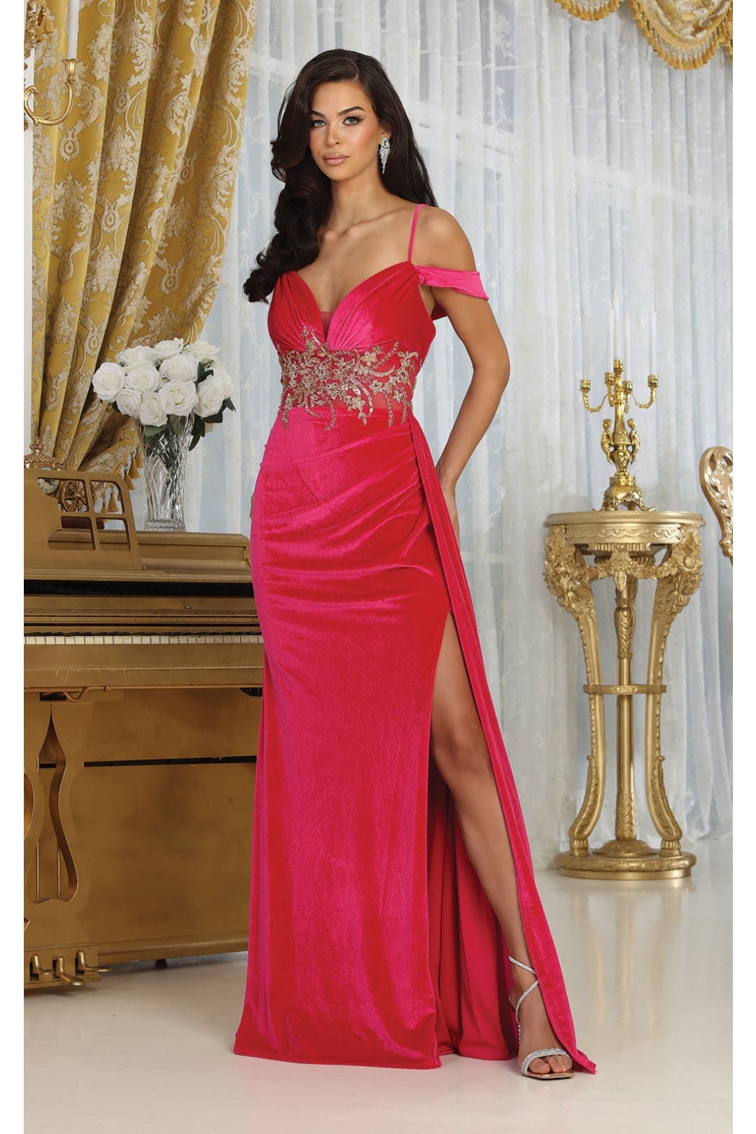 Royal Queen RQ8087 V-neck Spaghetti Straps Slit Velvet Prom Dress - FUCHSIA / 4 - Dress