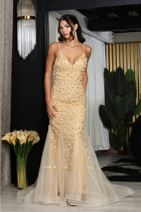 Royal Queen RQ8089 V-Neck 3D Floral Beaded Red Carpet Dress - CHAMPAGNE / 4 - Dress