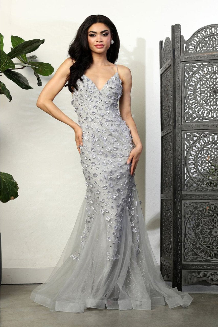 Royal Queen RQ8089 V-Neck 3D Floral Beaded Red Carpet Dress - SILVER / 4 - Dress