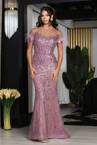 Royal Queen RQ8092 Feather Accent Beaded Red Carpet Long Gown - MAUVE / 6 - Dress